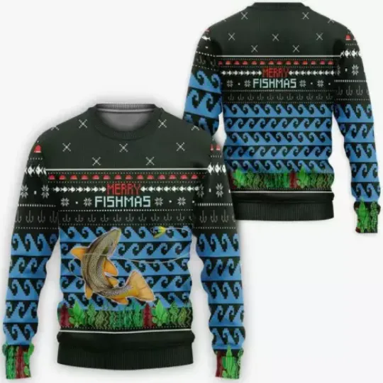 Merry Fishmas Ugly Christmas Sweater For Men & Women Christmas Gift Size S-5XL