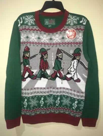 Ugly Christmas Sweater Xmas The Beatles Abbey Road Elves Elf Santa Knit Sz S y5