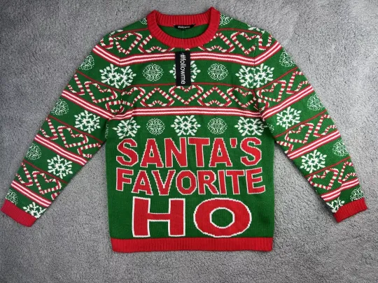 Ugly Christmas Sweater Womens XL #followme Inappropriate Naughty Santa’s Fav Ho