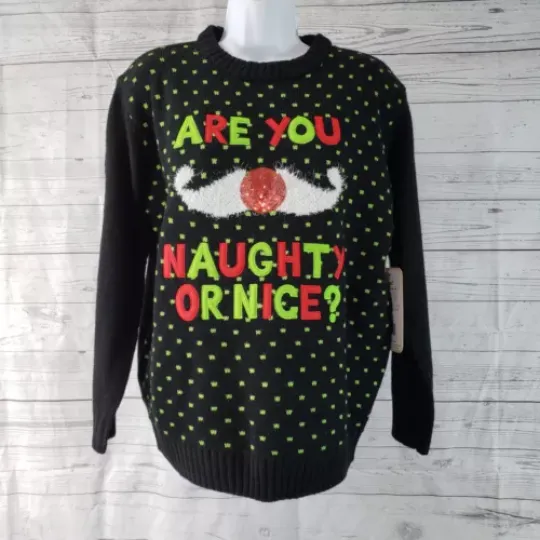 Ugly Christmas Sweater Womens Sz Medium Black Green Mustache Naughty or Nice