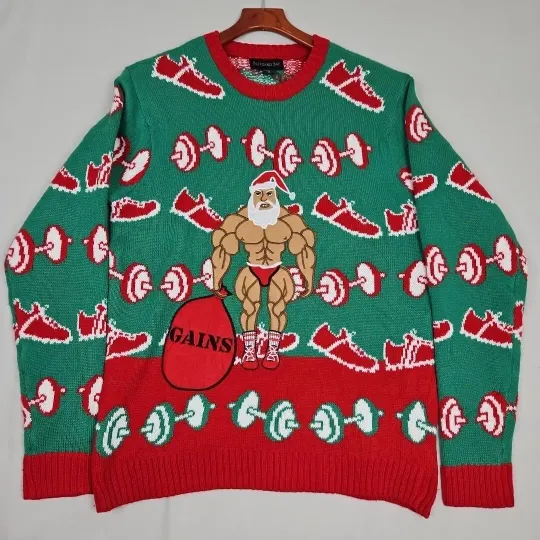 Discover Ugly Christmas Sweater Gains Santa Weight Lifting Men's Size Medium New!