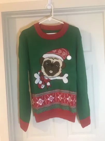Pug Puggle Santa Hat Ugly Christmas Sweater Red Green XL