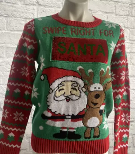 Joe Boxer Santa Ugly Sweater Juniors Medium Green Swipe Right Rudolph Sequins