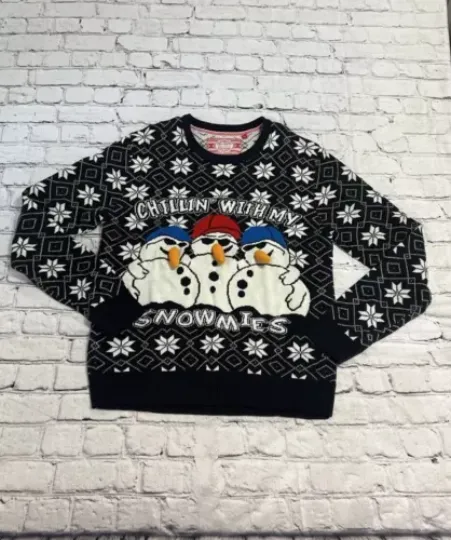 RWB Mens Ugly Christmas Sweater Chillin With My Snowmies Black Slim Fit Large