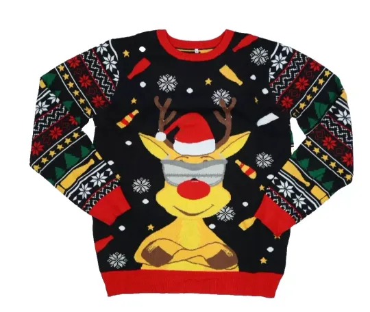 Ugly Christmas Sweater XMAS Light U Cool Reindeer Holiday Print Black Mens XL
