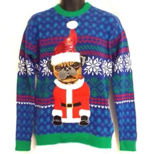Blizzard Bay Pug Cigar Blue Ugly Christmas Sweater Mens Unisex Plush
