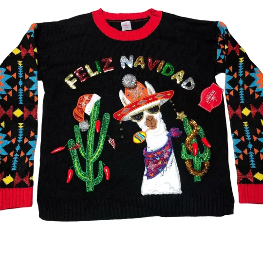 NEW Ugly Christmas Sweater Womens Small Llama Feliz Navidad Black Glitter Pepper