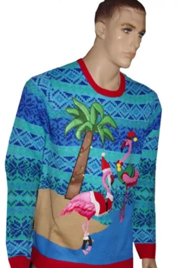 Mens PINK FLAMINGO Light Up ISLAND Palm Tree Ugly Christmas Sweater Party L NEW
