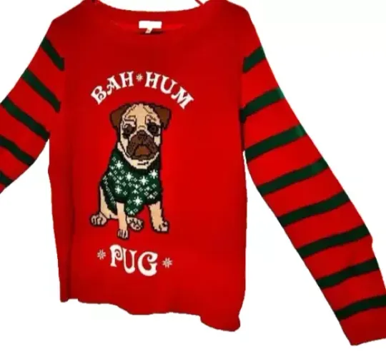 BAH HUM PUG Self Esteem UGLY CHRISTMAS SWEATER Ladies Long Sleeve SIZE MED Red