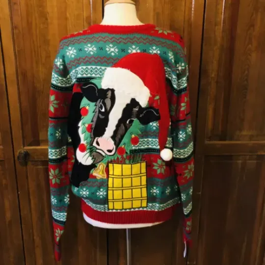 Ugly Christmas Sweater - Christmas Cow with Drink Holder, NWT, XL
