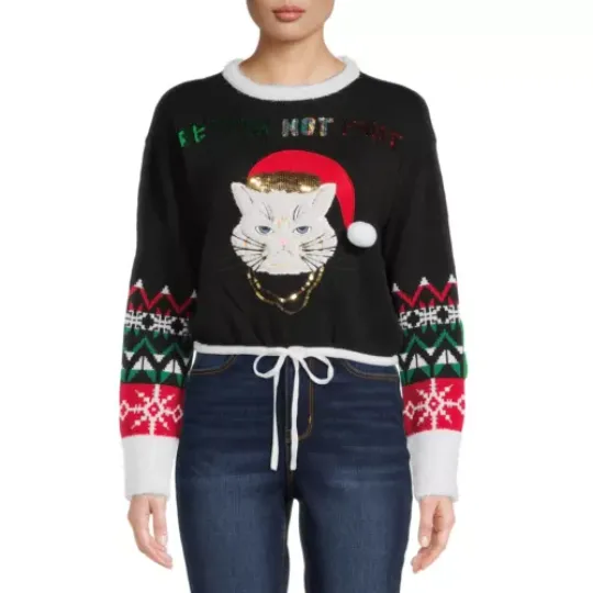 No Boundaries Junior Women Sweater Cat Ugly Christmas Holiday Pullover  Lg 11-13