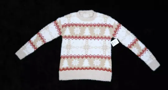 Holiday Time Fuzzy Christmas Sweater Snowflakes Ugly Christmas Womens XS 0/2