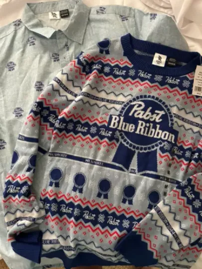 + Pabst Blue Ribbon Beer 1844 Holiday Party Christmas Sweater & Shirt Large NWT