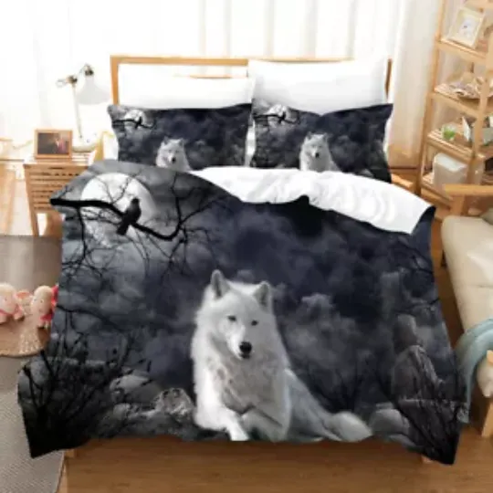 Gothic Lonely White Wolf Duvet Quilt Cover Double King Pillowcase Bedding Set