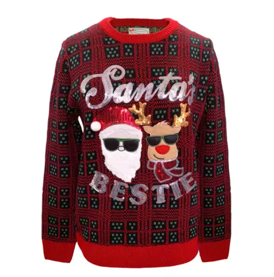 Women's Ugly Christmas Holiday Sweater Santa's Bestie - Santa & Rudolph - XL 2XL