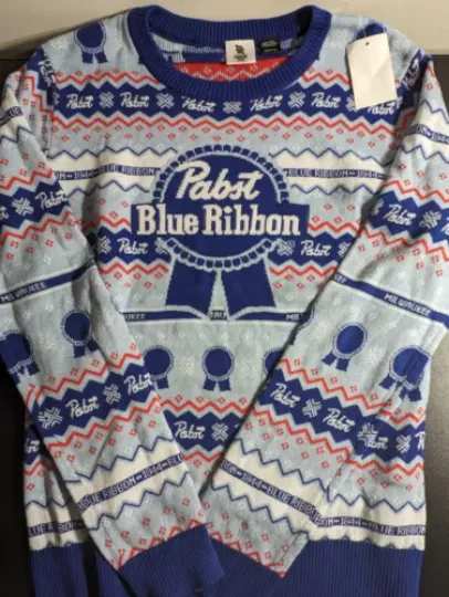 Pabst Blue Ribbon Ugly Sweater Men Holiday PBR Small Celebrate Together Blue NWT