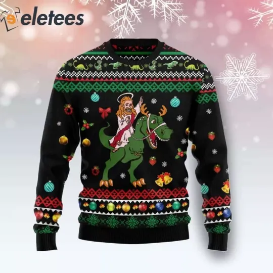 Jesus And A Green Dinosaur Ugly Christmas Sweater TBDW3GJB