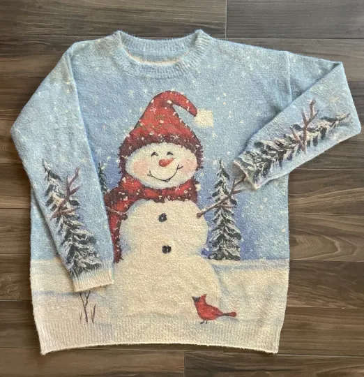 Ugly Christmas Sweater Warm Fuzzy Oversized Women's Snowman Wool/Cotton S B26