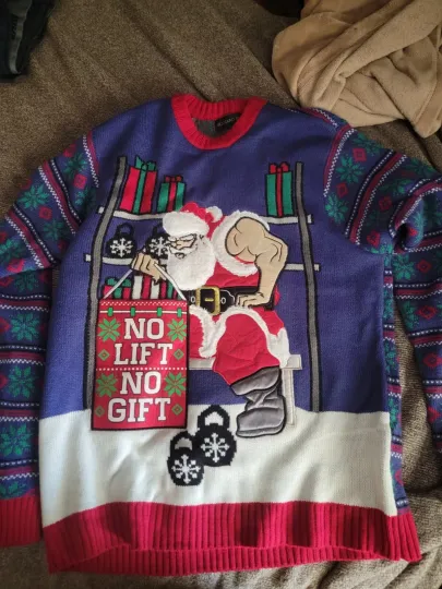 Ugly Christmas Sweater Men's Large  Muscle Santa No Lift No Gift/RUNS SMALL