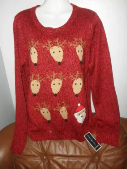 NWT Ladies Ugly Christmas Sweater, Santa & Reindeer, Soft & Cozy, Karen Scott, L