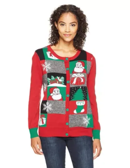 Ugly Christmas Sweater Women's Xmas Patchwork Cardigan, Cayenne, XL