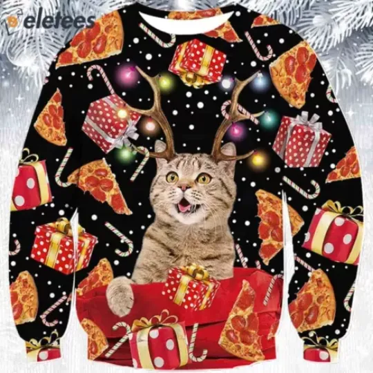 Antlers Cat Pizza Ugly Christmas Sweater YIEVH4EN