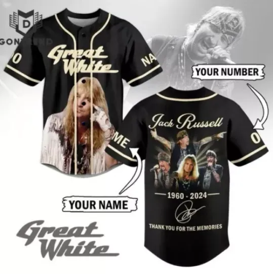 Personalized Great White Jack Russell 1960-2024 Signature .. Baseball Jersey