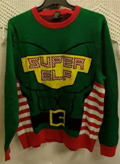Alex Stevens Men's Super Elf Ugly Christmas Sweater Green 2 XL