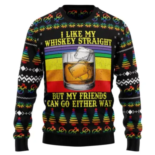 LGBT Whiskey Straight Ugly Christmas Sweater Lightweight Xmas Gift For Les Gay