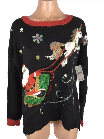 33 Degrees Womens Ugly Christmas Sweater Black Unicorn Sequin Bling Size XL New