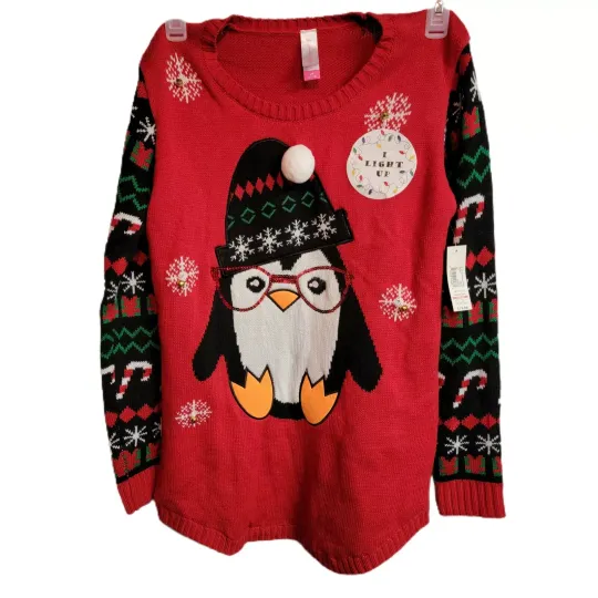 Christmas Ugly Sweater Penguin Glasses Hat Lights Up NEW Sz 11-13 Lg No...