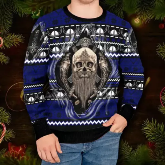 Cool Beard Skull Inside Me Viking Ugly Christmas Sweater - Skull & Viking S-5XL
