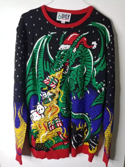 Ugly Christmas Party Flashing Dragon With Lights Sweater New Sz 2XL