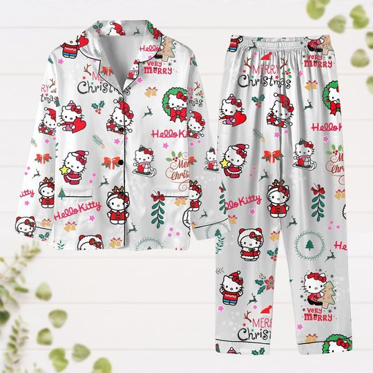 Hello Kitty Christmas Pajamas, Hello Cat Merry Christmas Pjs, Christmas Gift, Kitty Shirt, Hello Kitty Gift, Christmas Girl Pajamas