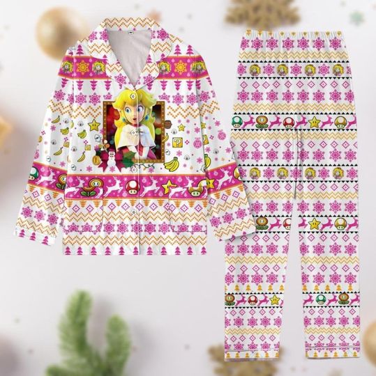 Princess Peach Christmas Pajamas Set, Super Mario Pajamas For Party, Mario Gaming Holiday Pajamas, Mario Pjs Christmas, Video Game Pjs