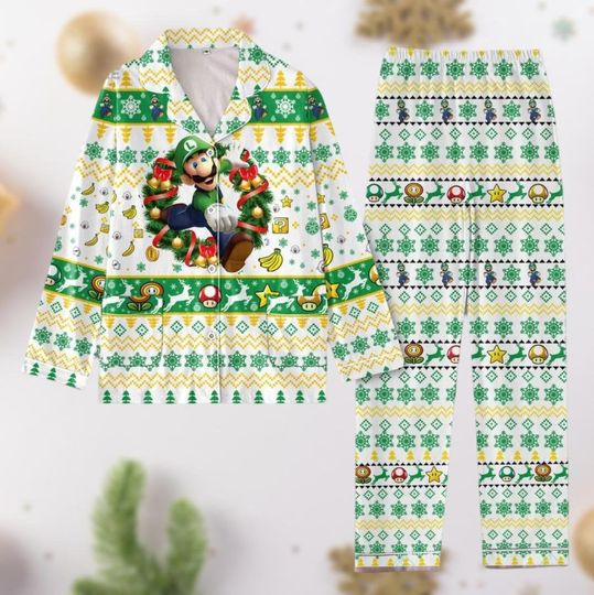 Luigi Super Mario Christmas Pajamas, Luigi Ugly Christmas Pajamas Set, Super Mario Characters Pajamas For Party, Mario Gaming Xmas Pjs