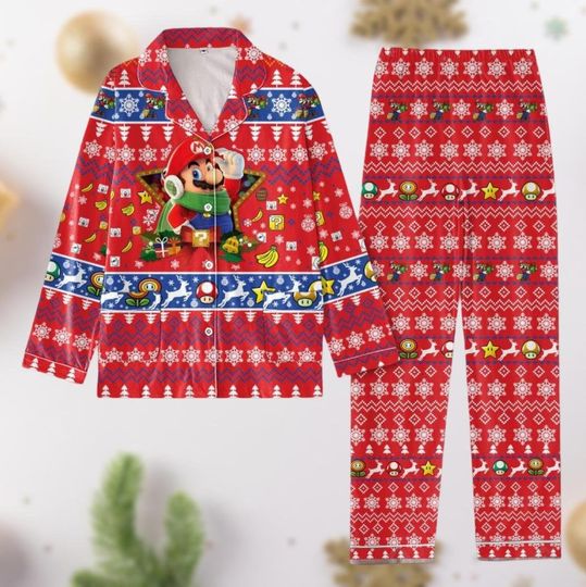 Mario Christmas Pajamas, Super Mario Holiday Pajamas, Mario Gaming Xmas Pjs, Gift For Gamers, Mario Ugly Christmas Pjs, Pajamas Family