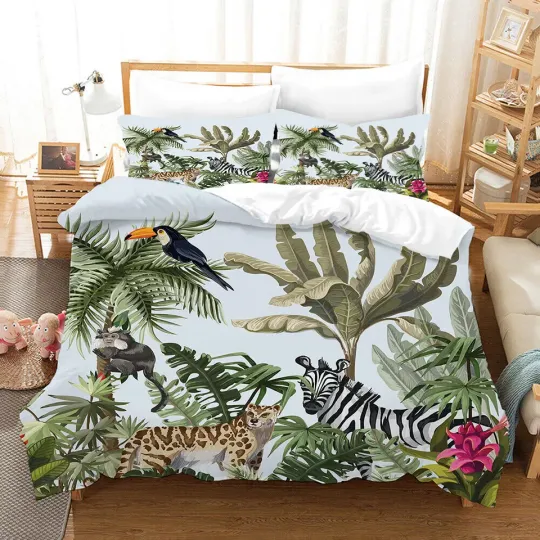 Discover Tropical Jungle Animals Toucan Duvet Quilt Cover Queen Bedding Set Pillowcase