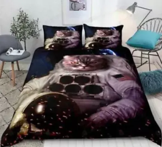 3d Astronaut Cat Animal Print Quilt Duvet Cover Set Bedroom Decor Double