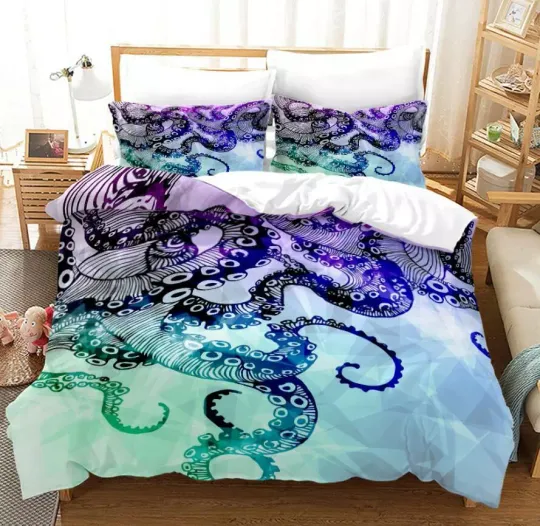 Submarine Giant Octopus Duvet Quilt Cover Twin Queen Bedding Set Comforter