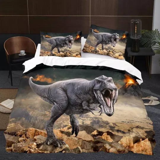 Dinosaur Volcano Animal Print Quilt Duvet Cover Set Super King Bedclothes