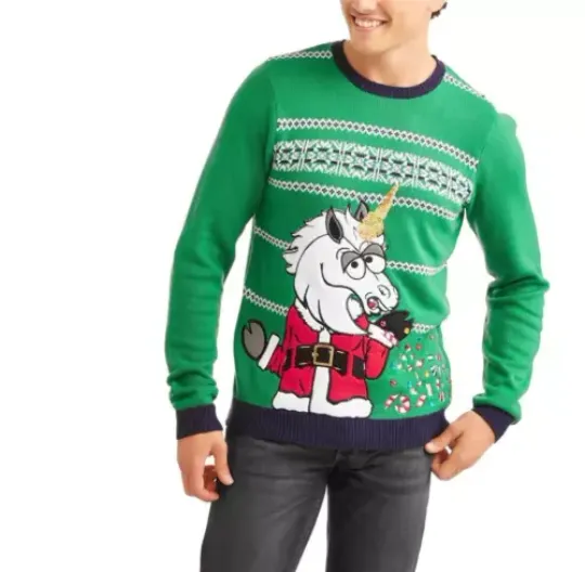 Jolly Sweaters Unicorn Vomiting Sequins Men's Green Ugly Christmas Sweater NWT