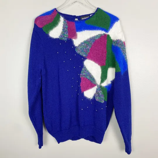 NWT Jasmine Vintage Ugly Christmas Sweater Blue Ornaments Beaded Size Medium