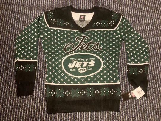 NWT New York Jets Womens football V-Neck Ugly Xmas Christmas Sweater Green White