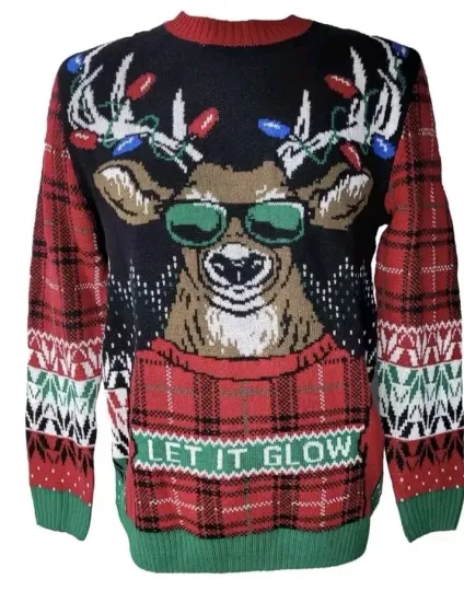 Ugly Holiday Sweater Men M Black Red Green Rudolph Christmas Party Warm Comfort