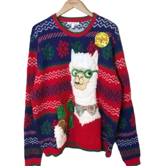 New Mens Ugly Christmas Sweater Holiday Grandpa Llama drink pocket SZ XXL