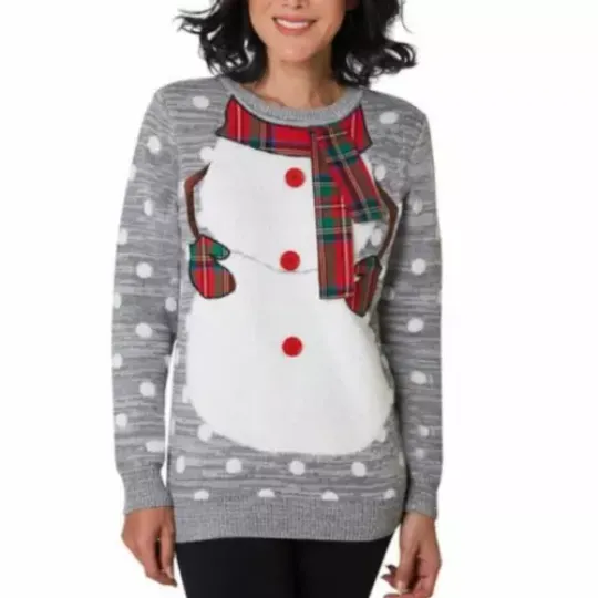 NWT To Be Jolly Holiday Ugly Sweater Gray Feather Snowman Body Real Plaid Scarf
