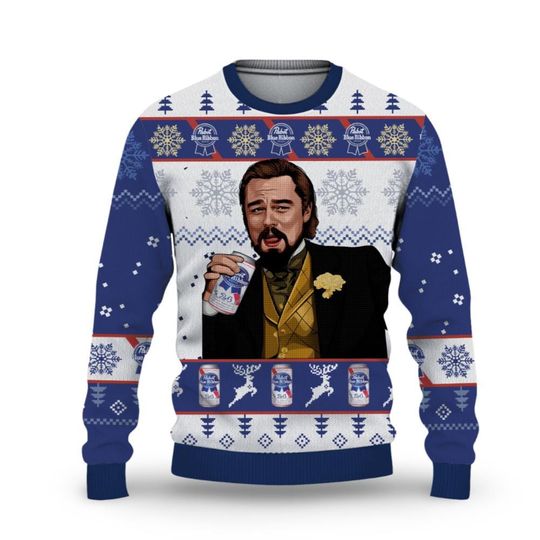Pabst Blue Beer Ugly Christmas Sweater, Man Drinking Wine Sweater, Christmas Crewneck, Pabst Beer Sweater, 3D All Over Print Sweater