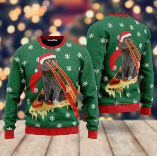 Pizza Cat With Laser Eyes Christmas Ugly Sweater 3D All Over Print, Xmas Sweatshirt, Christmas Gifts