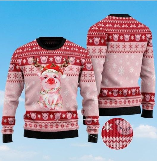 Lovely Pig reindeer Ugly Christmas Sweater, Merry Pigmas Pig Santa Christmas Sweatshirt, Pig Wearing Santa's Hat Sweater, Merry Pigmas Gifts